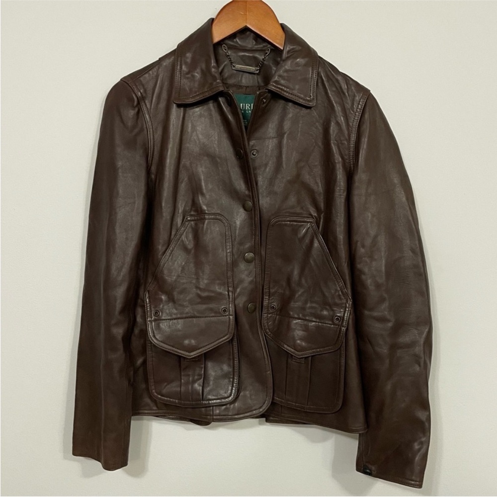 Polo Lauren Ralph Lauren Women’s Brown Leather Button-Front Jacket Size 2XL